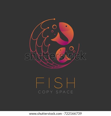 Fish symbol icon and fishing net, air bubble set orange violet gradient color design illustration isolated on dark background with Fish text and copy space, vector eps10
