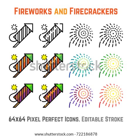 Firework Rocket, Explosion Firecracker and Salute icons. Pyrotechnic set of vector line colorful icons illustration. 64x64 Pixel Perfect. Editable Stroke