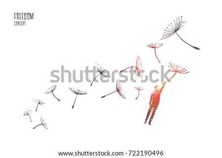 Freedom concept. Hand drawn man flying with dandelions. Person flying and free isolated vector illustration. Royalty-Free Stock Photo #722190496