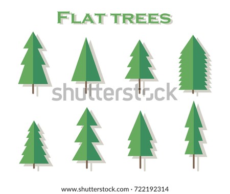 Set of flat style green pine trees over white. Vector illustration