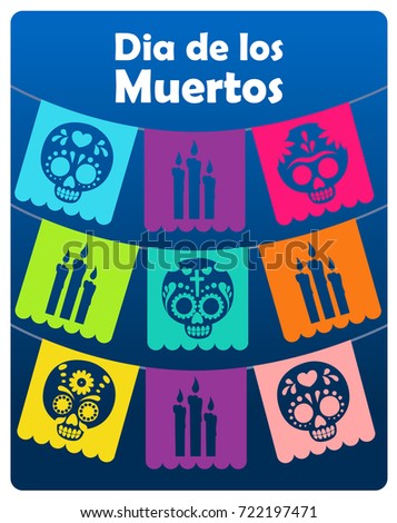 Day of the Dead cut out paper flags compositions. Dia de muertos. Cartoon style vector illustration