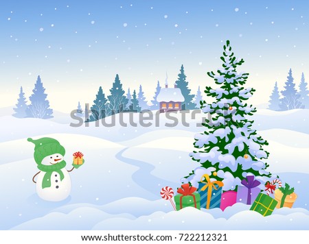 Vector cartoon illustration of a cute snowman and a Christmas tree with gifts on a snowy background