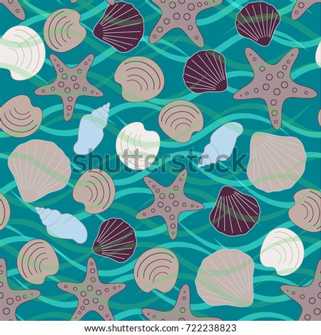 Seamless abstract sea background. Seamless pattern with the inhabitants of the sea, sea shells on a background of waves. Vector illustration.