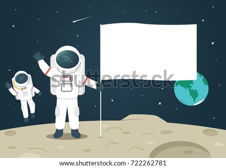 Astronaut with Blank Flag / Banner on the Moon