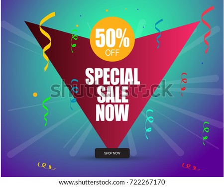 super sale announcement banner for facebook and instagram post. Special Sale Now Offer. Best Sale Template with upside down triangle. fifty percent off sale. shop now. 