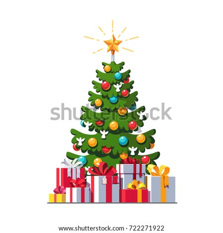 Big colorful wrapped gift boxes pile with ribbon bows lying under Christmas tree. Lots of winter holiday presents. Congratulation card template. Flat vector illustration isolated on white background.