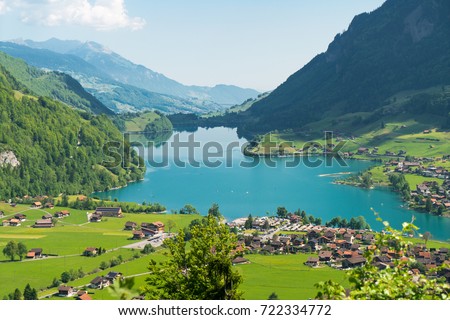 Spectacular mountain views and lake Sarnen (Sarnersee) panorama in the Swiss Alps landscape, Switzerland Royalty-Free Stock Photo #722334772