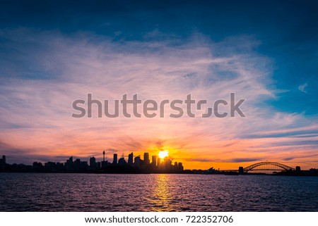 Sydney city skyline silhouette at sunset, NSW, Australia