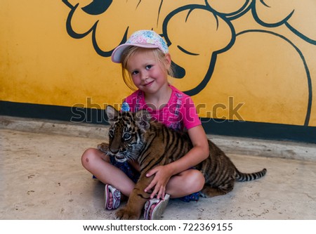 small hand tiger cub and girl