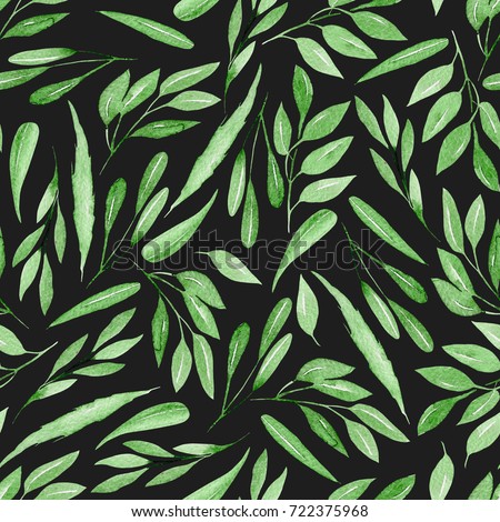 Seamless floral pattern with watercolor green branches with leaves, hand drawn isolated on a dark background