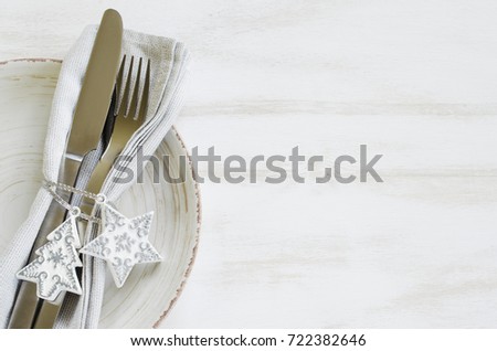Festive Table Setting With Christmas Decorations on Rustic Wooden Background for Christmas Eve. Top View. Copy Space. Selective Focus.