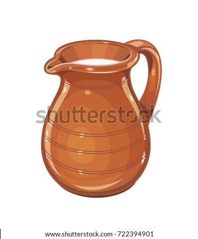 Ceramic jug with milk. Fictile tableware. Capacity for drink. Isolated white background. Vector illustration. Royalty-Free Stock Photo #722394901