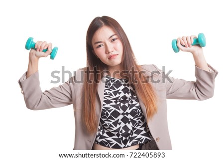 Exhausted Asian woman with dumbbells isolated on white background