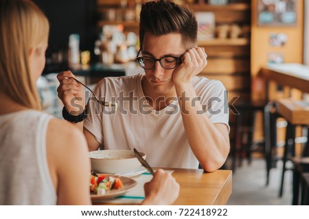 Portrait of woman with no appetite. He has tired, bad mood and sleepy Royalty-Free Stock Photo #722418922