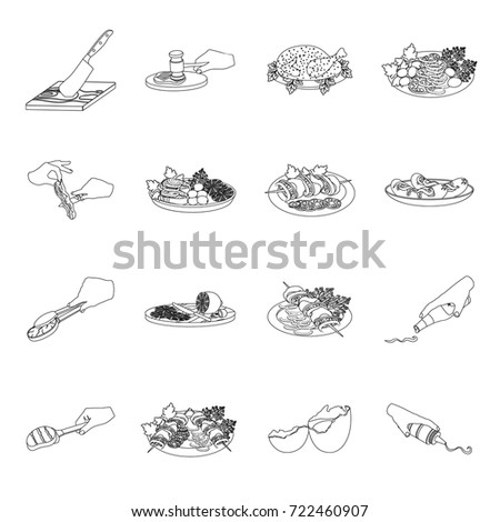 Fried chicken, cooking chop, slicing vegetables, shish kebab and other elements of cooking. Food and Cooking set collection icons in outline style vector symbol stock illustration web.