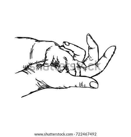 hand of baby on mother vector illustration sketch hand drawn with black lines, isolated on white background