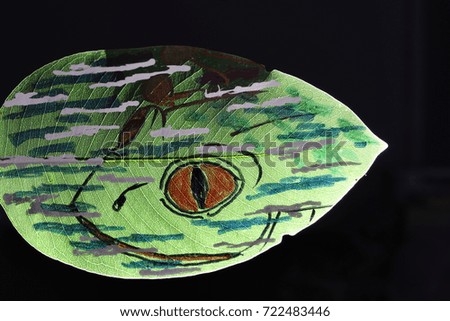 close up the frog in the water painting on green leaf and black background