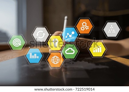 Colored applications icons and graphs on virtual screen. Business, internet and technology concept.