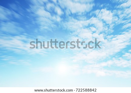 Sunshine clouds sky during morning background. Blue,white pastel heaven,soft focus lens flare sunlight. Abstract blurred cyan gradient of peaceful nature. Open view out windows beautiful summer spring Royalty-Free Stock Photo #722588842