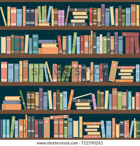 Bookshelves full of books both in the library. Vector illustration. Royalty-Free Stock Photo #722590261