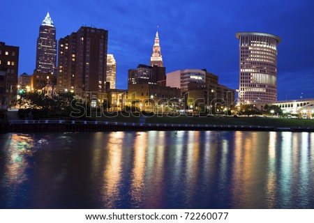 Blue evening by Cuyahoga River in Cleveland