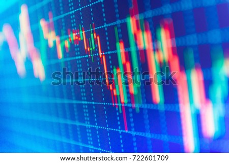 Data on live computer screen. Market report on blue background. Analysing stock market data on a monitor. World economics graph. Tools of technical analysis. Online forex data. 
