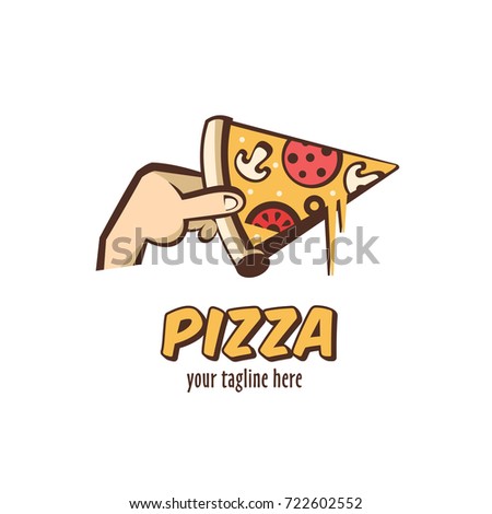 Logo vector Italian pizza. A slice of hot pizza with mushrooms, sausage, tomatoes and cheese in hand. Vector illustration in cartoon style.