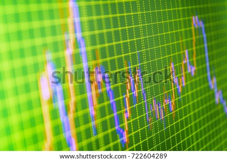 Macro close-up. Price chart bars. Stock market quotes on display. Forex market charts on computer display. Stock diagram on the screen. Display of quotes pricing graph visualization. 
