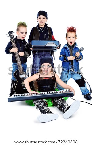 Group of children singing in heavy metal style. Shot in a studio. Isolated over white background.