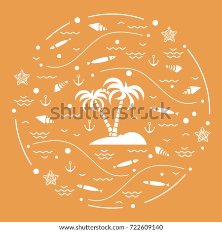 Cute vector illustration with fish, island with palm trees, anchor, waves, seashells, starfish,  arranged in a circle. Design for banner, poster or print.