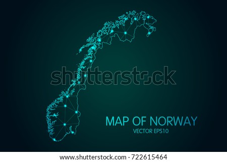 Map of Norway - With glowing point and lines scales on the dark gradient background, 3D mesh polygonal network connections.Vector illustration eps 10.