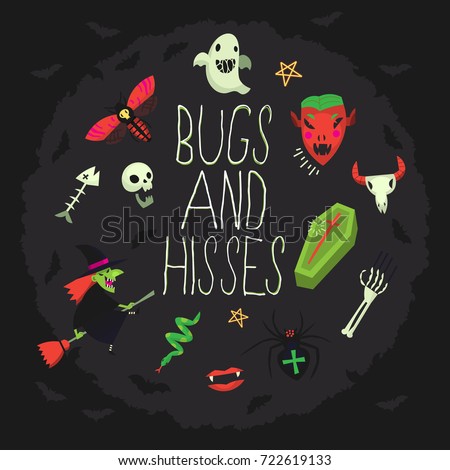 Bugs and hisses greeting card with spooky elements floating around wishing happy halloween. Vector illustration with dark background and red, green, black and white elements