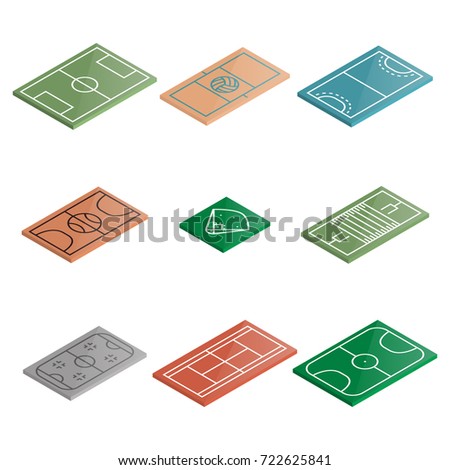 Set of icons playgrounds football, soccer, basketball, baseball, ice hockey, volleyball, handball and tennis. Design element of sports objects. Flat 3d isometric style, vector illustration.