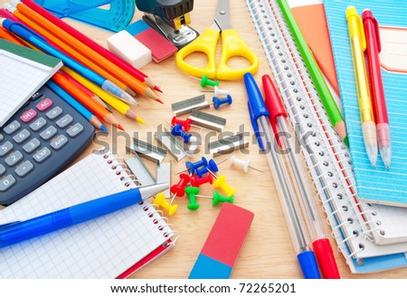 School equipment on writing desk