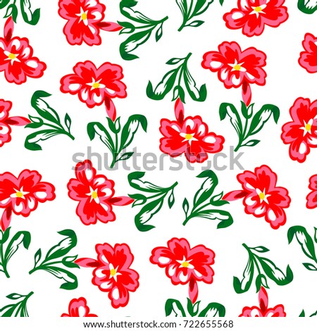 Vector illustration of flower seamless pattern. Red flowers and green leaves on white background in chaotic order.