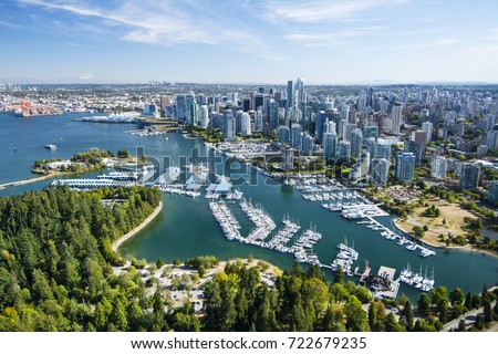 Aerial image of Stanley Park, Coal Harbor and Vancouver, BC, Canada Royalty-Free Stock Photo #722679235