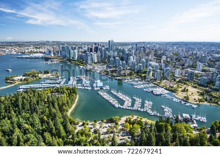Aerial image of Stanley Park, Coal Harbor and Vancouver, BC, Canada