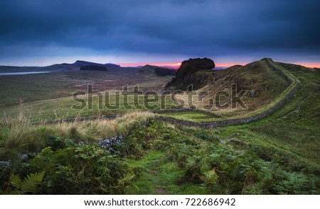 Hadrian's Wall
Roman Wall running over Cuddy's Crags in Northumberland, England. Royalty-Free Stock Photo #722686942