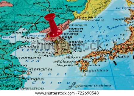 Map of South Korea with a blue pushpin stuck