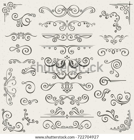  set of Swirl Elements for design.  set of Calligraphic Design Elements for page decoration, Labels, banners, antique and baroque Frames and floral ornaments. Old paper Decoration Royalty-Free Stock Photo #722704927
