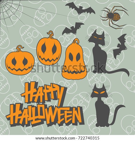 Set of characters for Halloween in cartoon style. Black and orange color. Vector illustration