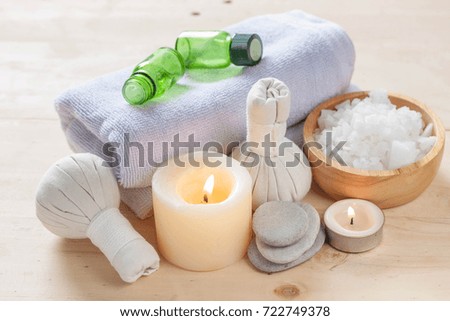 Salt spa and massage  objects over wooden background, wellness and relaxation concept