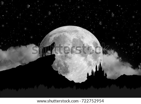 Wolf howling at full moon. Black and white concept Royalty-Free Stock Photo #722752954