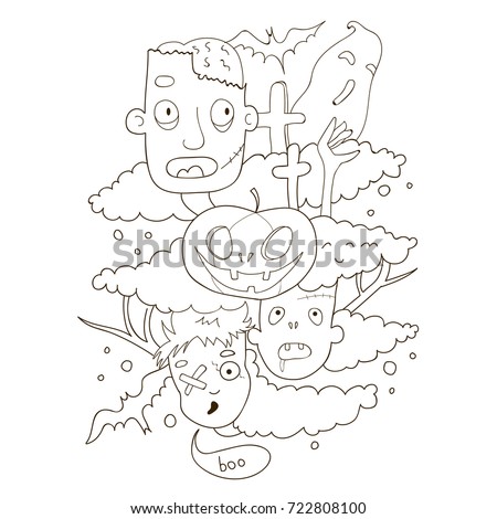 halloween doodle coloring page for kids, pumpkin ,zombie