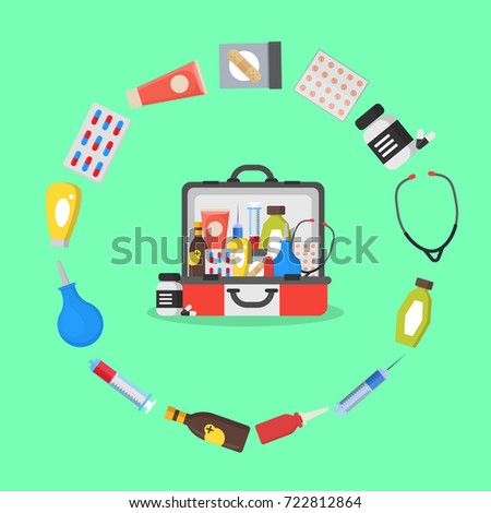 First Aid Kit Box or Suitcase and Element Concept Flat Style Design Emergency Healthcare. Vector illustration