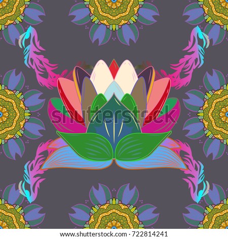 Abstract seamless pattern on gray, green and blue colors with bright flowers. Elegant vector texture with floral elements. Cute floral pattern in the small flower.