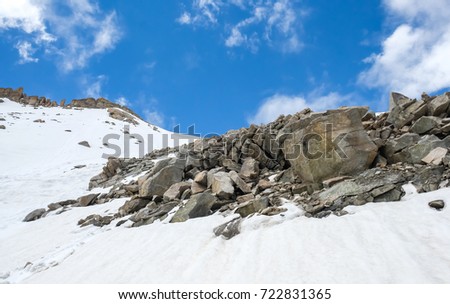 White snowy fields mountain under a blue sky