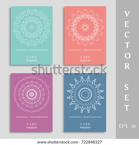Mandala line art, geometric doodle round ornament. Colorful greeting cards or invitations set. Eid mubarak ramadan celebration template. Isolated design elements for logo, icon, emblem