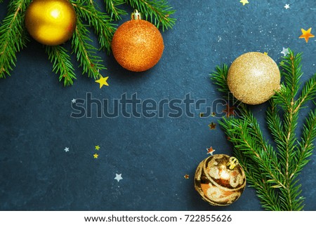 Merry christmas happy new year concept fir tree holiday winter balls decorating gold stars glitter copy space Background Flat Lay