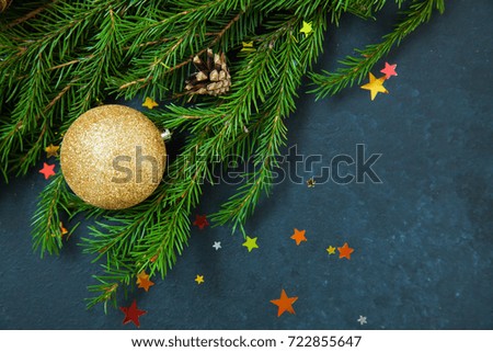 Merry christmas happy new year concept fir tree holiday winter balls decorating gold stars glitter copy space